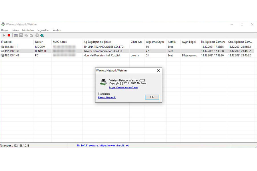 Wireless Network Watcher 2.26 Türkçe Çeviri