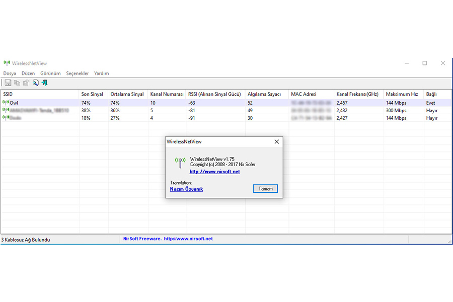 WirelessNetView 1.75 Türkçe Çeviri