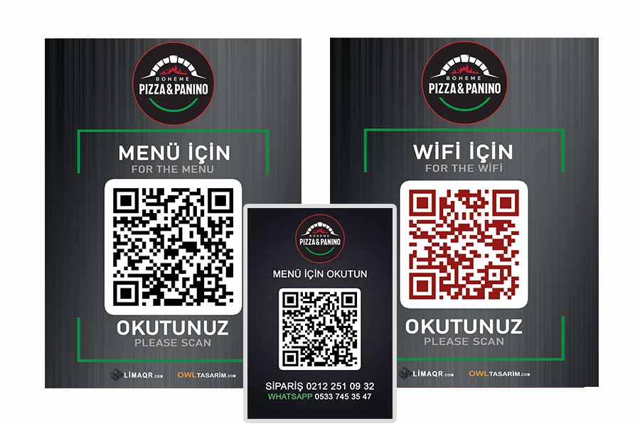 BOHEME PİZZA & PANİNO için karekodlu masa menüsü ve magnet tasarımı. istanbul restaurant pizza